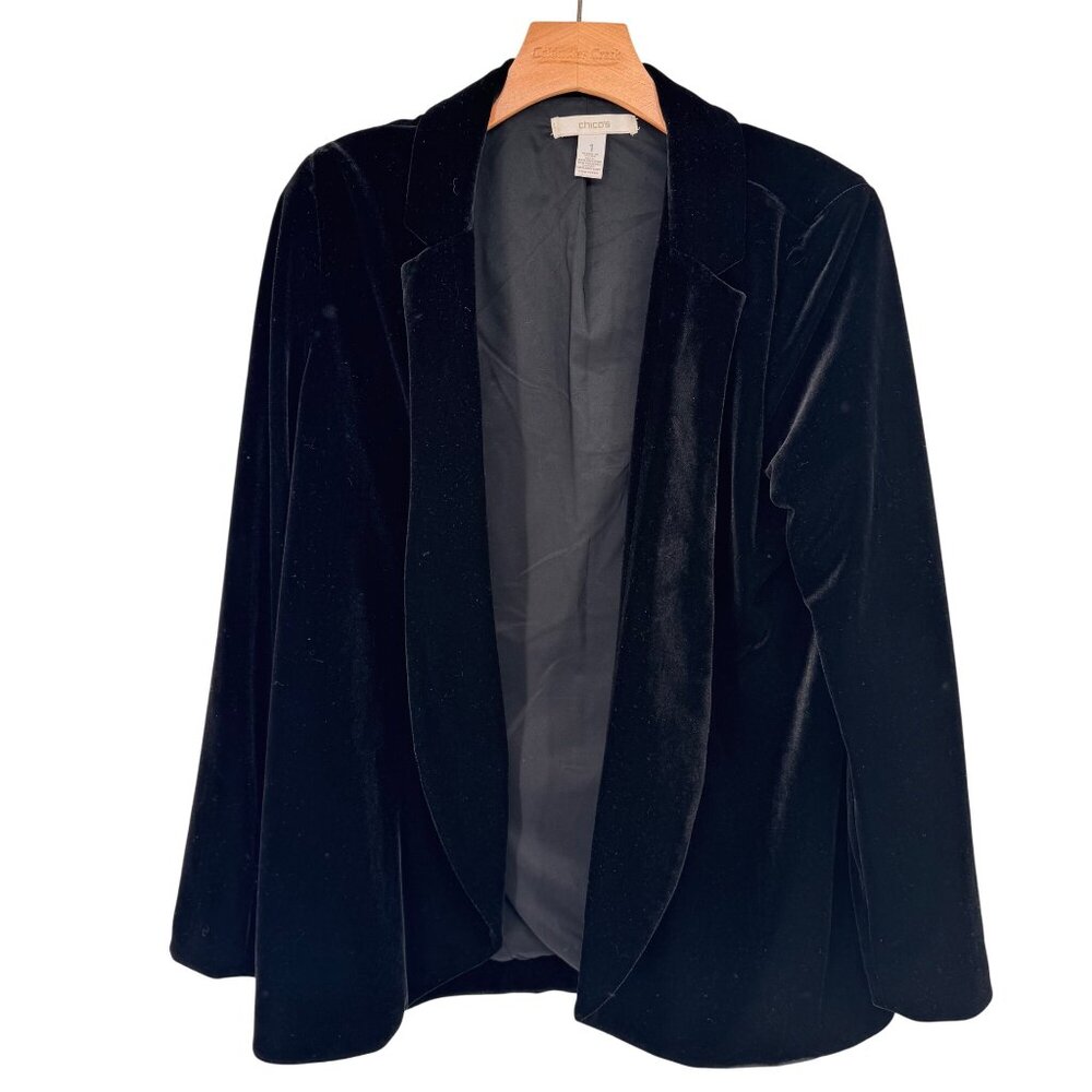 Chicos 1 Black Velvet Open Front Blazer Jacket Womens Size medium
